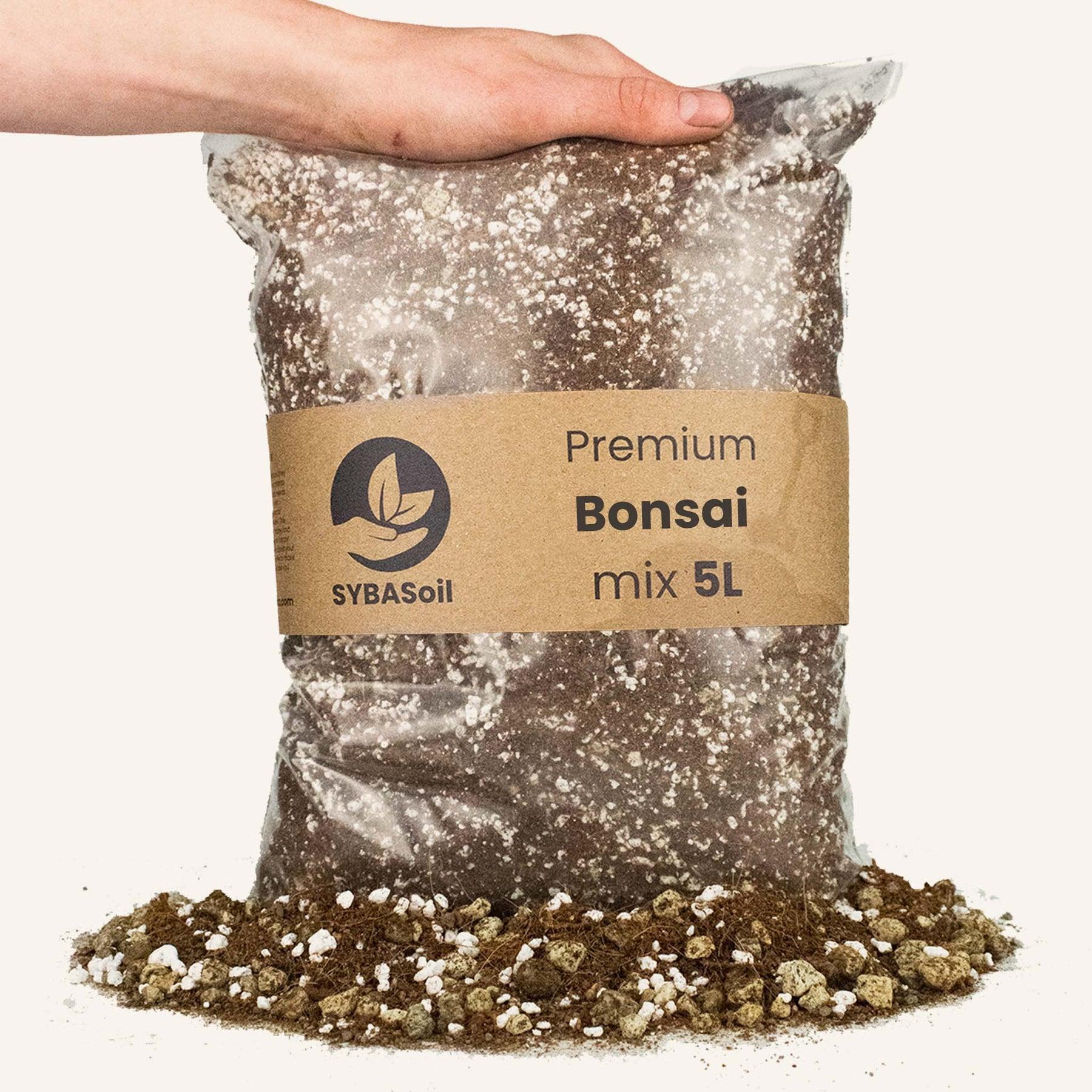 SYBASoil Premium Bonsai Mix 5L bag with hand on top